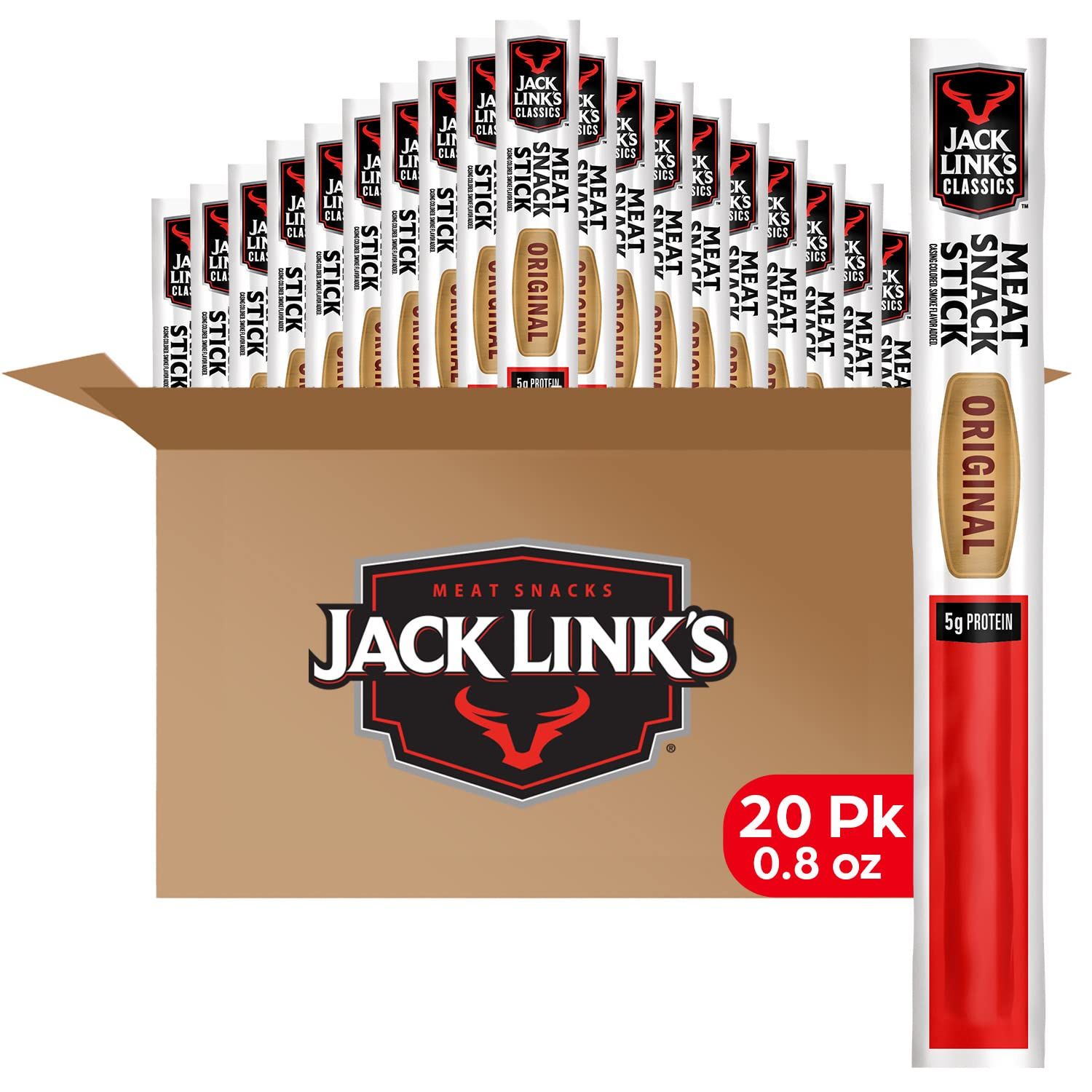 Jack Link&#39;s Beef Sticks, Original - Protein Snack, Meat Stick with 5g of Protein, Made with 100% Beef - 0.8 oz. (Pack of 20)
