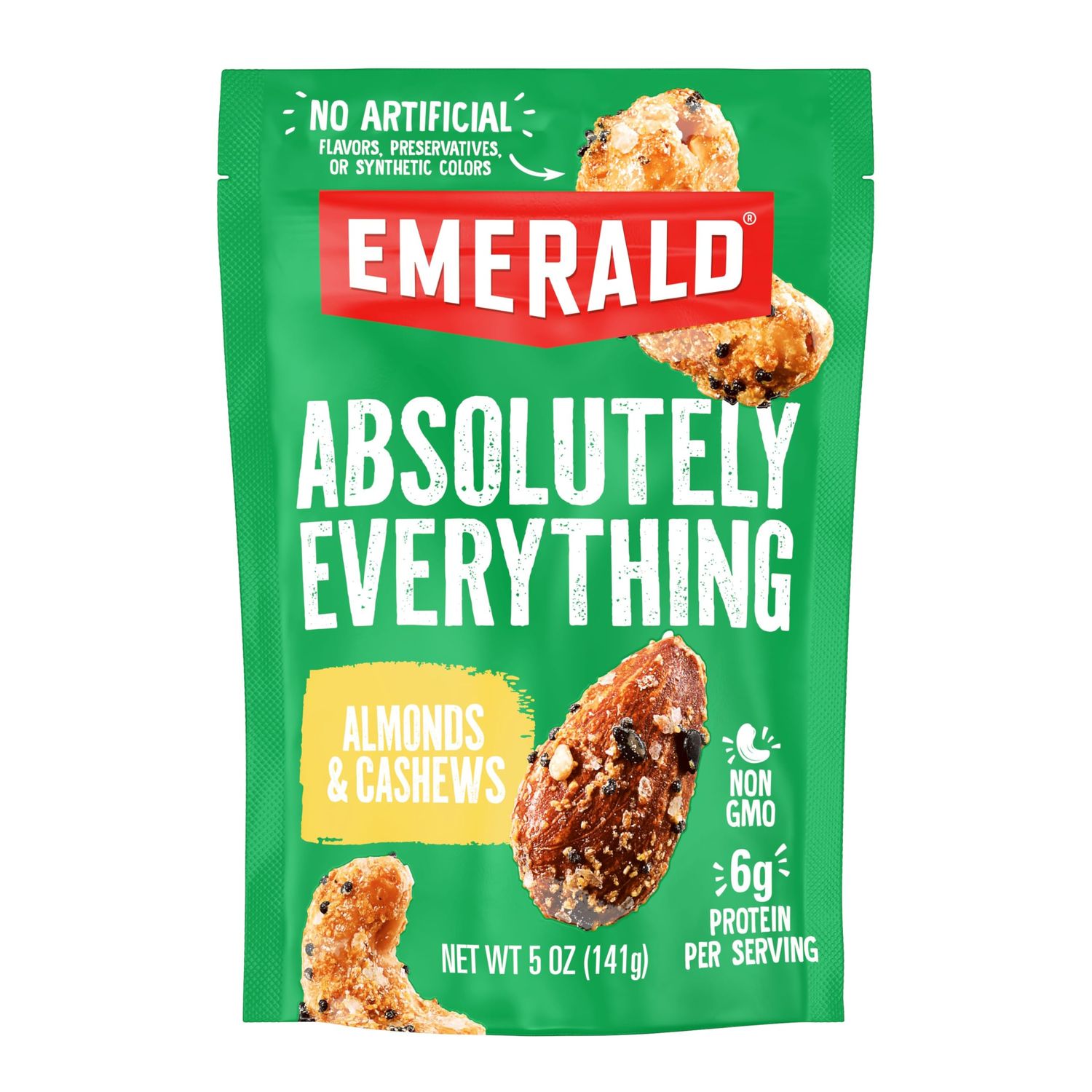 Emerald Nuts Absolutely Everything Almonds &amp; Cashews (1-Pack) | 5oz Resealable Bag | Kosher Dairy Certified, Non-GMO, Contains No Artificial Preservatives, Flavors or Synthetic Colors