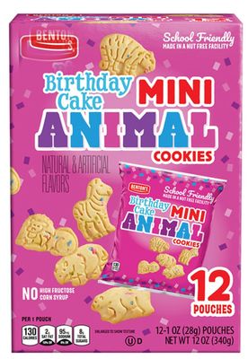 Bentons Birthday Cake Mini Animal Cracker Cookies, On the Go, 12 individual Pouches, 1 oz Each, (1 Pack) School Friendly, Nut Free, Kids Snack