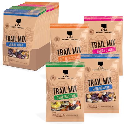 Trail Mix Snack Packs Variety - 4 Bags - Dried Fruit Mix &amp; Nuts Mix with Chocolate Chips, Peanuts, Cranberries, Raisins, Walnuts, Tropical Fruits - Trail Mix Individual Packs, 3.5 oz