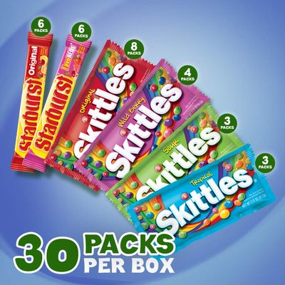 SKITTLES &amp; STARBURST Variety Pack Full Size Chewy Candy Assortment, 62.79 oz, 30 Count
