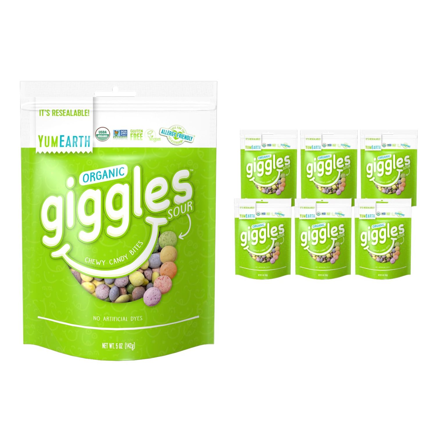 YumEarth Organic Sour Giggles Chewy Candy, Pack of 6 (5 Oz) - Allergy Friendly, Non GMO, Gluten Free, Vegan