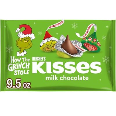 HERSHEY&#39;S KISSES Grinch Milk Chocolate, Christmas Stocking Stuffer Candy Bag, 9.5 oz