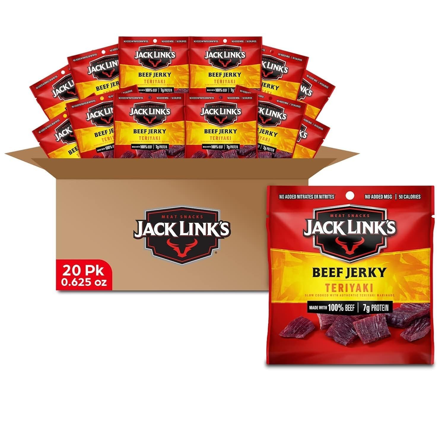 Jack Link&#39;s Beef Jerky, Teriyaki, Multipack Bags - Flavorful Meat Snack for Lunches, Ready to Eat - 7g of Protein, Made with Premium Beef, No Added MSG - 0.625 oz (Pack of 20)