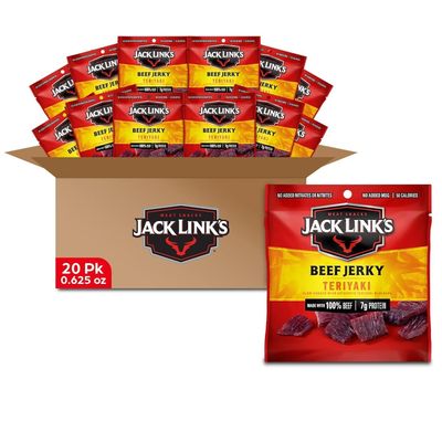 Jack Link&#39;s Beef Jerky, Teriyaki, Multipack Bags - Flavorful Meat Snack for Lunches, Ready to Eat - 7g of Protein, Made with Premium Beef, No Added MSG - 0.625 oz (Pack of 20)