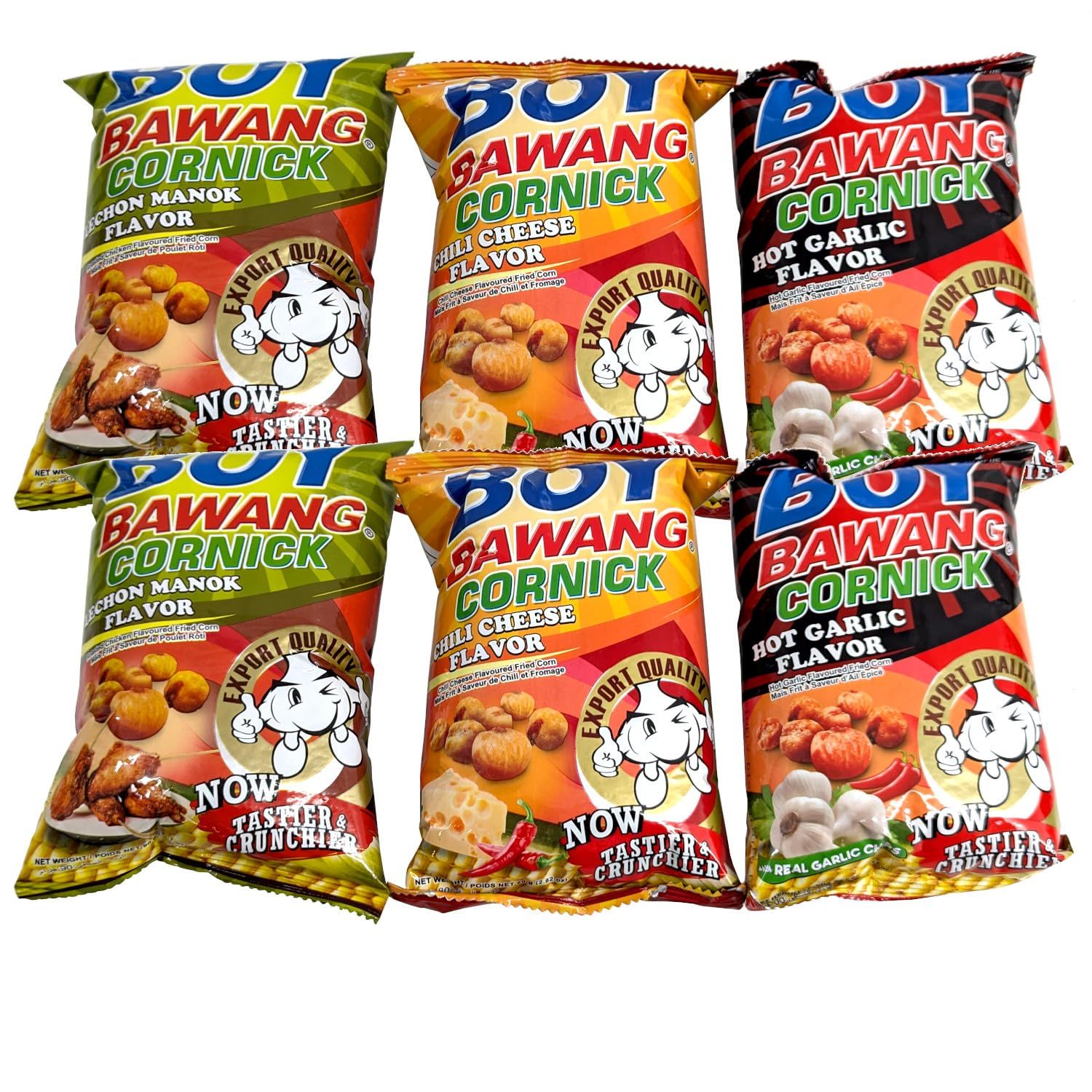 Boy Bawang Cornick Corn Nuts Snack Box 3 Flavors 6 Bags - Chili Cheese, Hot Garlic, Lechon Manok - Imported from Philippines 3.54oz each (6 Bags) in Sturdy Crush Proof Box