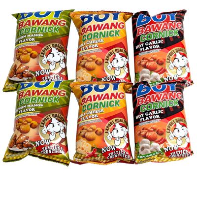 Boy Bawang Cornick Corn Nuts Snack Box 3 Flavors 6 Bags - Chili Cheese, Hot Garlic, Lechon Manok - Imported from Philippines 3.54oz each (6 Bags) in Sturdy Crush Proof Box