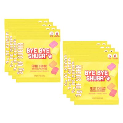 Bye Bye Shuga Low Sugar Fruit Chews, 1.76oz (50g) Pack of 8, Box of 8 bags, Only 3g Sugar Per Bag, 75 Calories, No Artificial SweetenersColor, Non-GMO, Gluten-Free, Low Sugar Snack For Kids &amp; Adults