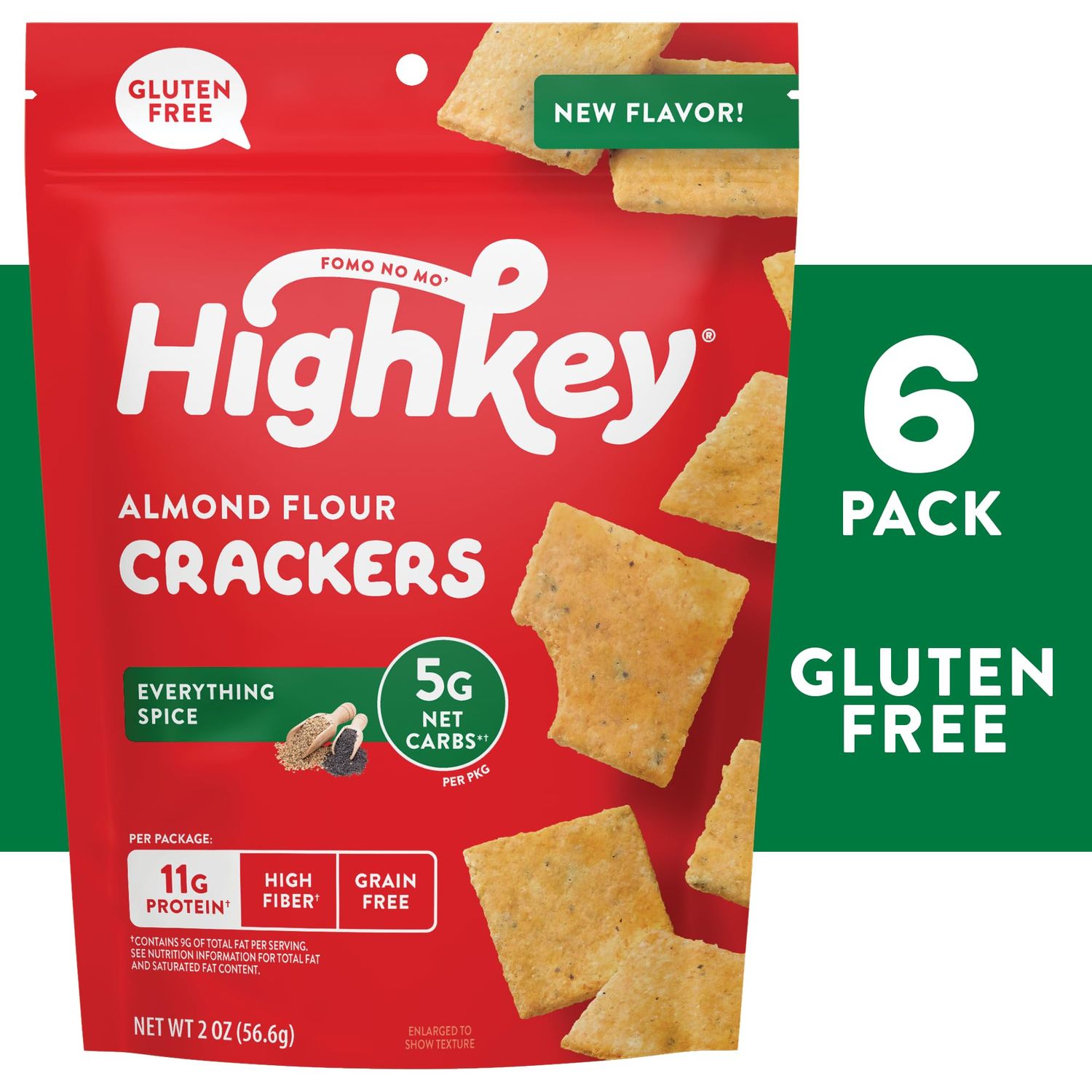 HighKey Almond Flour Everything Crackers, Gluten Free and Grain Free, Low Carb High Protein Keto Snack, Zero Sugar, 2 oz Bags (Pack of 6)