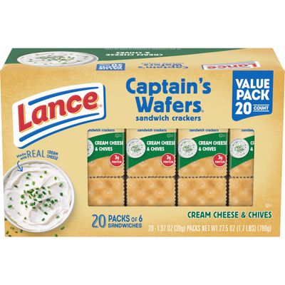 Lance Sandwich Crackers, Captain&#39;s Wafers Cream Cheese and Chives, 20 Packs, 6 Sandwiches Each