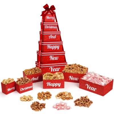 Christmas Gift Baskets - 6 Tier Indulgence Nuts Gift Basket Tower with Filled With Snacks &amp; Nuts - Gourmet Food christmas Gift for Men &amp; Women.