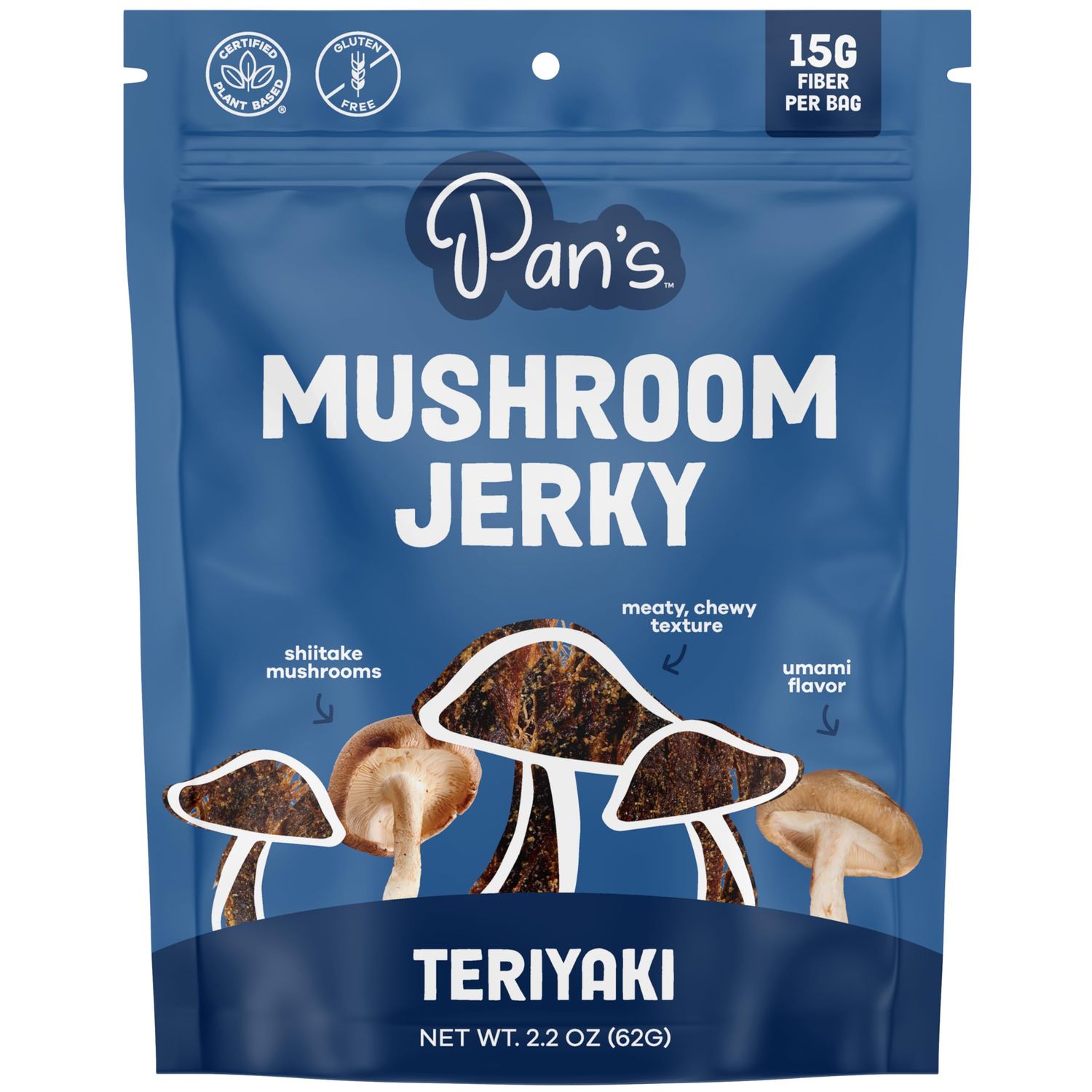 Pan&#39;s Mushroom Jerky, Vegan Snacks, Dried Mushrooms Shiitake, Plant based Jerky, Meatless Jerky, Gluten Free, High in Fiber, with Teriyaki flavor (2.2 Ounce, Pack of 1)