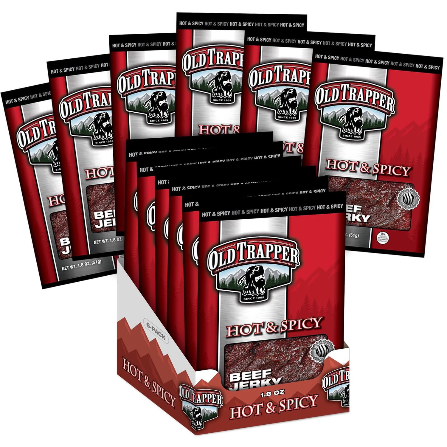 Old Trapper Beef Jerky, Hot &amp; Spicy Flavor, 1.8-Ounce Individual Packs, Great Size for Quick Snacking, 11 Grams of Protein and 70 Calories Per Serving (Pack of Six)