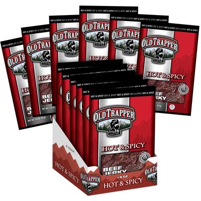 Old Trapper Beef Jerky, Hot &amp; Spicy Flavor, 1.8-Ounce Individual Packs, Great Size for Quick Snacking, 11 Grams of Protein and 70 Calories Per Serving (Pack of Six)