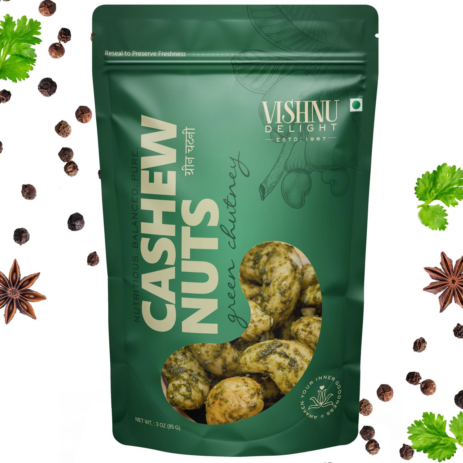 Vishnu Delight Flavored Dry Roasted Cashews - Gluten Free, Low Calorie, Zero Oil Vegan Snack Pack - Flavored Cashews - Green Chutney, 3 Oz (Pack of 1)