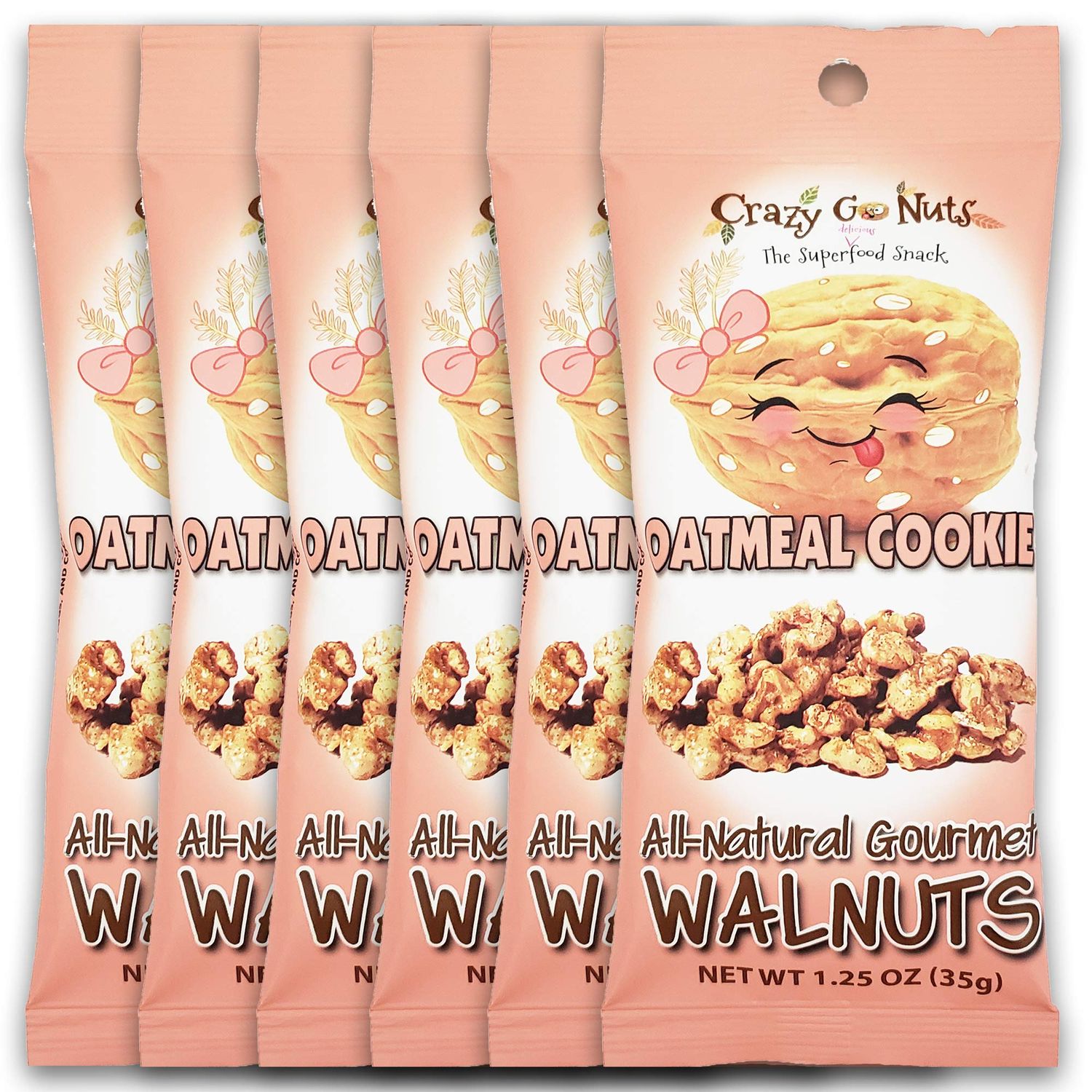 Crazy Go Nuts Walnuts Oatmeal Cookie - Glazed Walnuts, Healthy Snacks, Vegan, Gluten Free, Superfood-Natural, Non-GMO, ALA, Omega 3 Fatty Acids, Good Fats, and Antioxidants - 1.25 Oz, 6-Pack