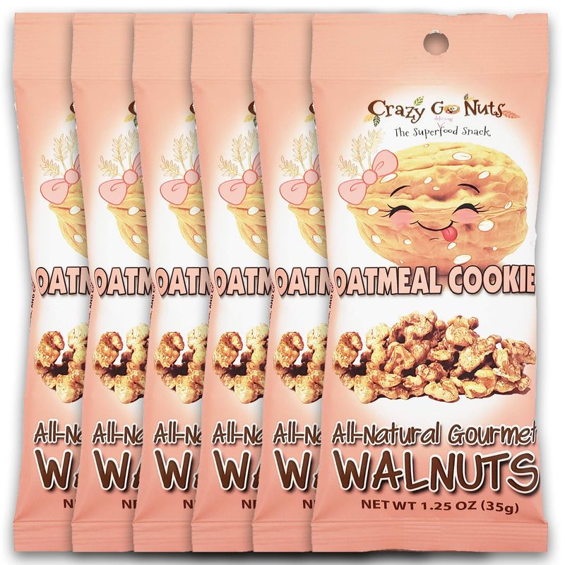 Crazy Go Nuts Walnuts Oatmeal Cookie - Glazed Walnuts, Healthy Snacks, Vegan, Gluten Free, Superfood-Natural, Non-GMO, ALA, Omega 3 Fatty Acids, Good Fats, and Antioxidants - 1.25 Oz, 6-Pack