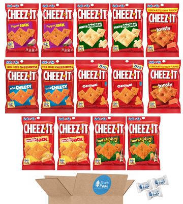 Cheez-It Variety Snack Peak Gift Box (14 - 3 oz bags) - Original, Hot and Spicy, Extra Toasty, Extra Cheezy, White Cheddar, Cheddar Jack and Pepper Jack