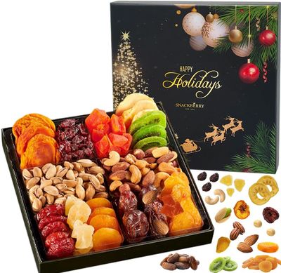 Christmas Dried Fruit &amp; Nuts Gift Basket Arrangement Platter, Gourmet Food Snack Box, Healthy Kosher (Single)