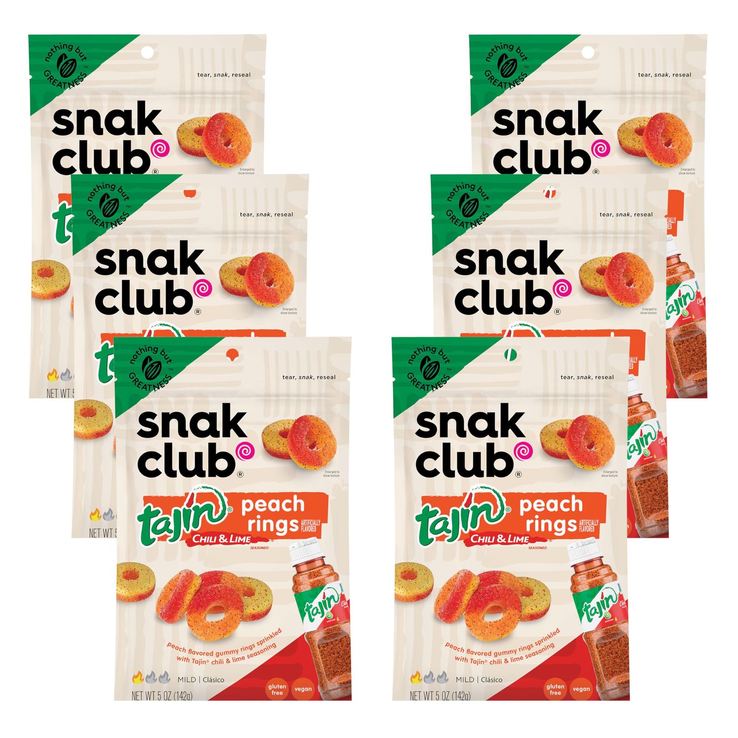 Snak Club Tajin Peach Rings Gummy Candy, Fruit Candy Gummies with Chili and Lime Seasoning, Mild, Gluten-Free and Vegan Snacks, 5 oz Resealable Bags, 6 Pack
