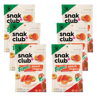 Snak Club Tajin Peach Rings Gummy Candy, Fruit Candy Gummies with Chili and Lime Seasoning, Mild, Gluten-Free and Vegan Snacks, 5 oz Resealable Bags, 6 Pack