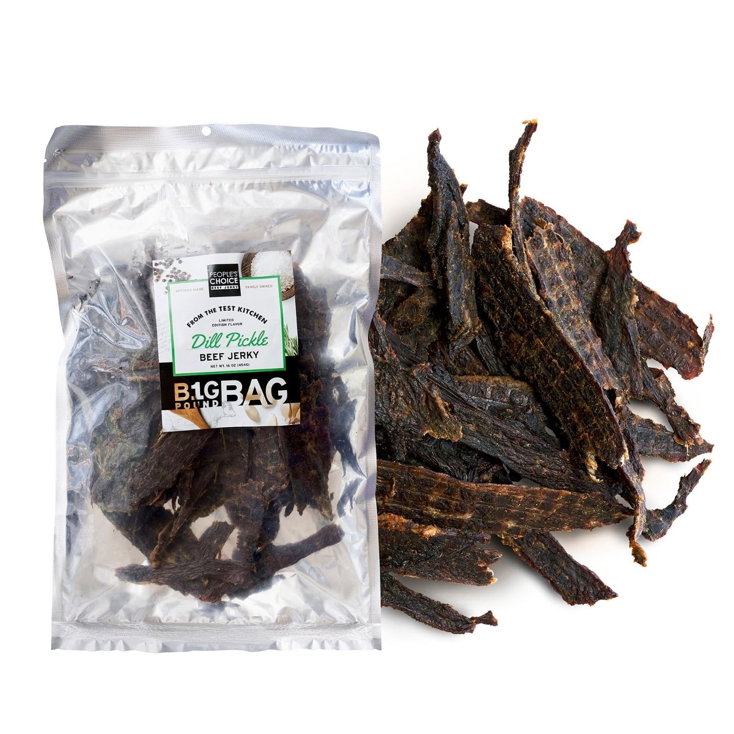 People&#39;s Choice Beef Jerky - Test Kitchen Small Batch - Dill Pickle - High Protein Snacks for Adults - Gluten Free - Camping Food, Backpacking Snacks, Road Trip Snacks - 1 Pound, 16 oz - 1 Bag