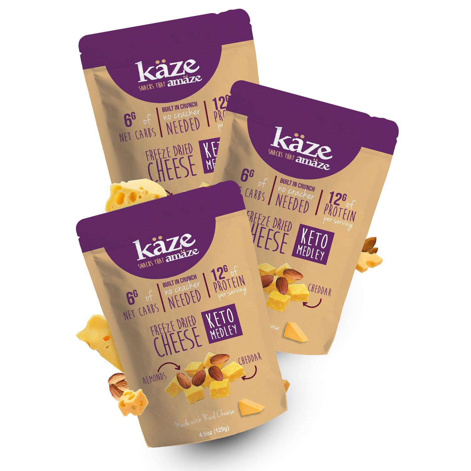 Kaze Keto Freeze Dried, Made with100% Real Cheese - Gluten Free, Low Carb, Party Snacks, Cheese Crisps, 4.5 oz (Pack of 03, Cheddar and Almond)