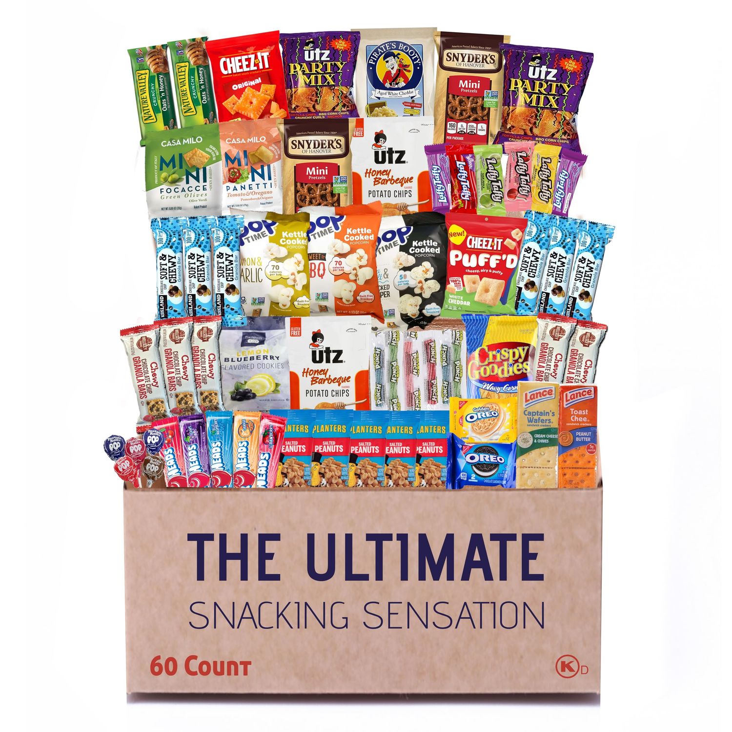 Broadway Basketeers 60 Count Snack Box Variety Pack Care Package for Graduation Kids Teens Adults Family Military College Students Birthdays. - Cookies Chips Crackers Pretzels Candy Healthy Snacks