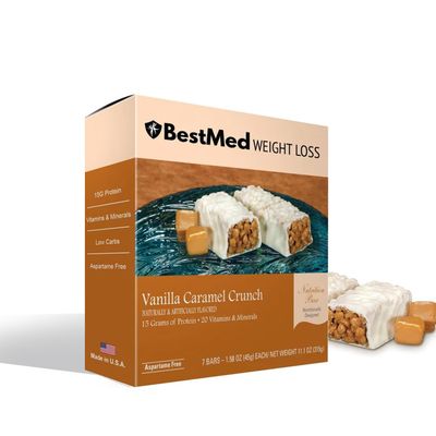 BestMed - High Protein Nutrition Bar - Low-Carb, 15g Protein, Low Sugar, High Fiber, Low Calorie, Meal Replacement Bar (Vanilla Caramel, 1 Box - 7 Count)