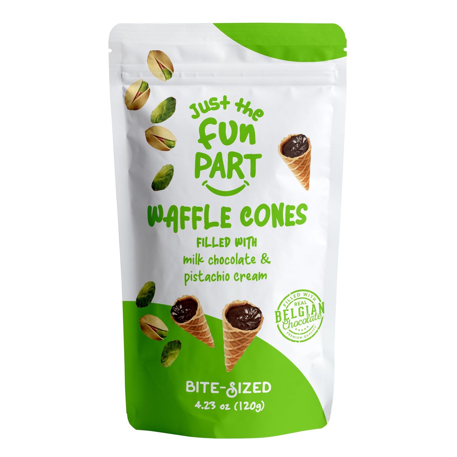 Just The Fun Part, Bite-Size Crispy Mini Waffle Cones with Premium Belgian Chocolate, Great for Snacks, Dessert, Grab &amp; Go - Kosher (Milk Chocolate &amp; Pistachio Cream)