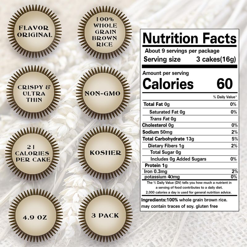 Ultra Thin Rice Cakes - Whole Grain Brown Rice Cakes Salted - Fat Free, Non GMO, Gluten Free Rice Cakes - Low Calorie Snacks - All Natural - 3 Pk
