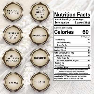 Ultra Thin Rice Cakes - Whole Grain Brown Rice Cakes Salted - Fat Free, Non GMO, Gluten Free Rice Cakes - Low Calorie Snacks - All Natural - 3 Pk