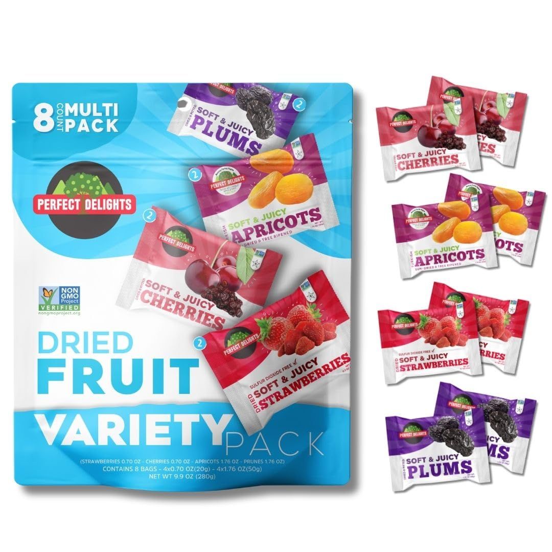 Perfect Delights Multipack Dried Fruit Variety (8-Pack), Snacks On The Go, Individual Pouches of 2x Apricots, 2x Plums, 2 x Sour Cherries, 2 x Strawberries