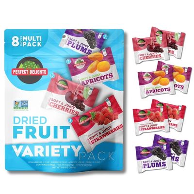 Perfect Delights Multipack Dried Fruit Variety (8-Pack), Snacks On The Go, Individual Pouches of 2x Apricots, 2x Plums, 2 x Sour Cherries, 2 x Strawberries