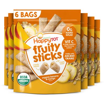 Happy Tot Organics Fruity Sticks, Oat &amp; Fruit Filled Grain Sticks, Banana &amp; Mango, Organic Toddler Snack, 2.5 Ounce Bag (Pack of 6)