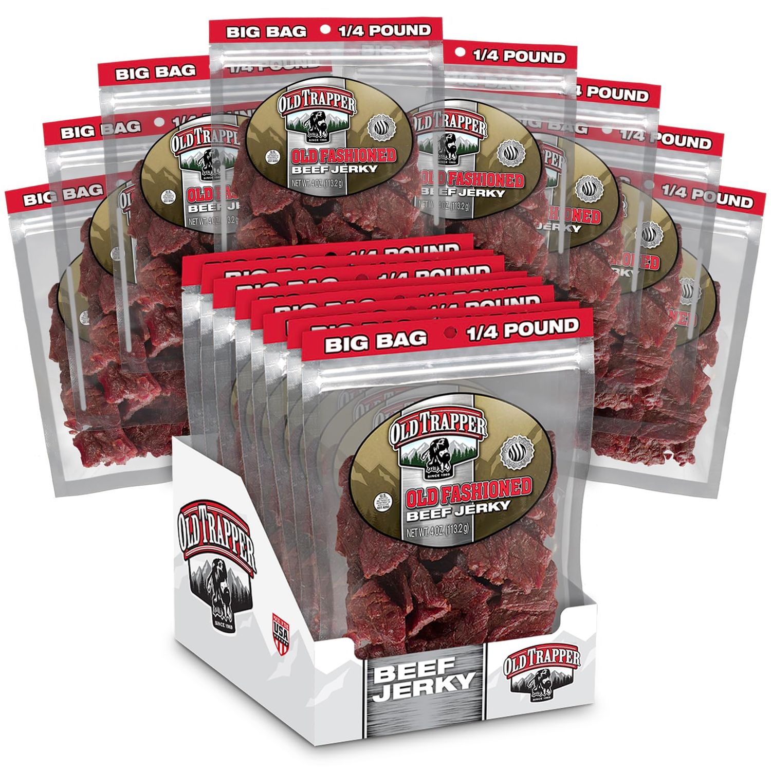 Old Trapper Beef Jerky, Old-Fashioned 14-Pound Individual Package, Tender Meat Snacks for Lunches or Between Meals, 11 Grams of Protein, Zero Grams of Fat, 70 Calories per Serving (Pack of 8)