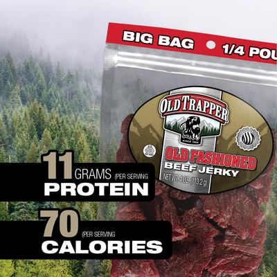 Old Trapper Beef Jerky, Old-Fashioned 14-Pound Individual Package, Tender Meat Snacks for Lunches or Between Meals, 11 Grams of Protein, Zero Grams of Fat, 70 Calories per Serving (Pack of 8)