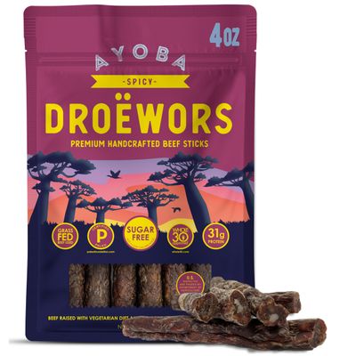 Ayoba Spicy Droewors Grass Fed Beef Paleo Sticks (4 Ounce, Pack of 1) Keto Friendly, Air-Dried Grass Fed Beef Snack - Gluten Free, Nitrate Free, No Sugar, Meat Snacks