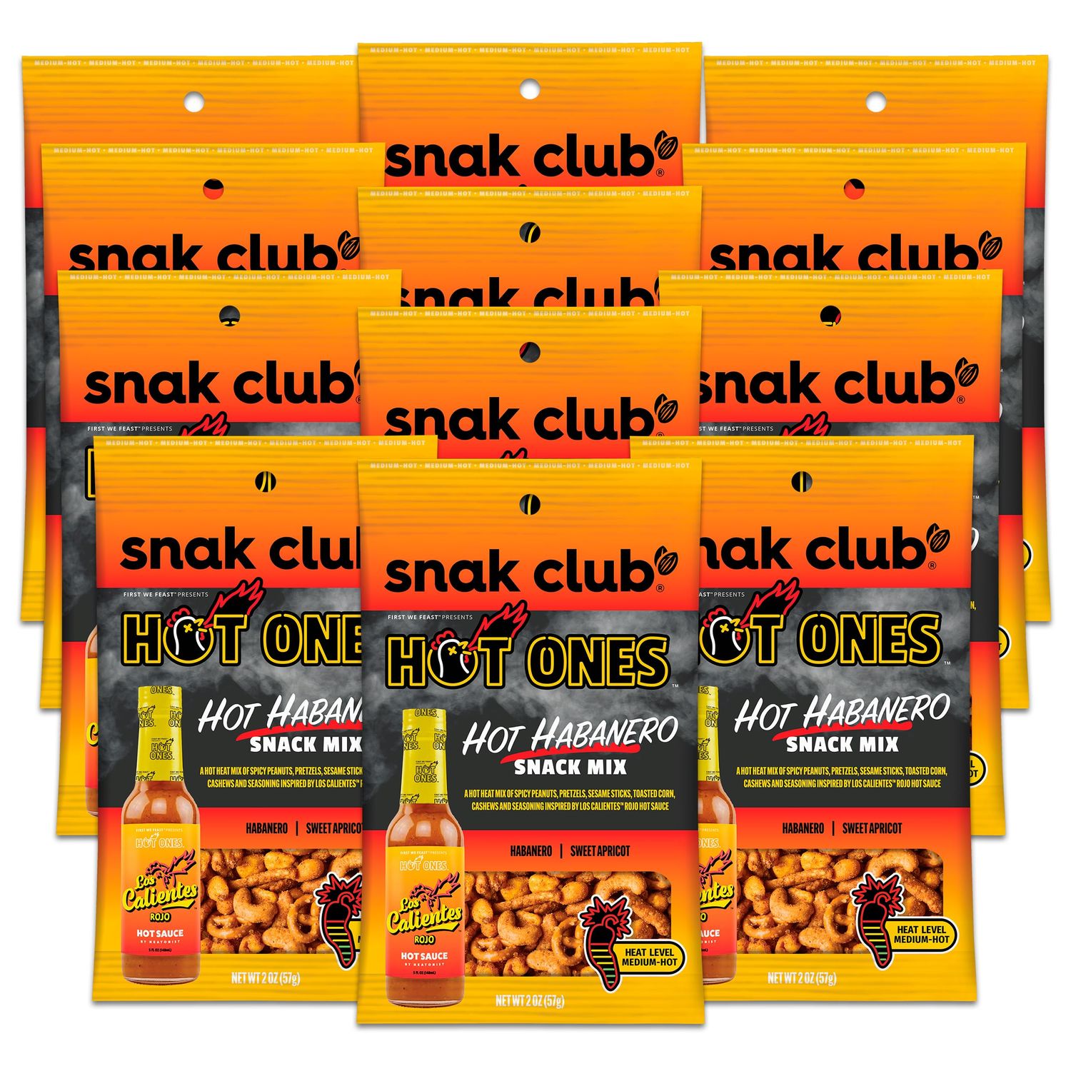 Snak Club x Hot Ones Snack Mix, Hot Habanero, Spicy Snacks with Peanuts, Pretzels, Sesame Sticks, Toasted Corn, Cashews, Inspired by Hot Ones, Vegan Snacks, 2 oz Bags, 12 Pack