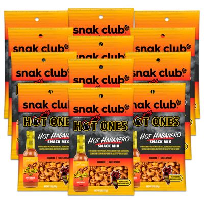 Snak Club x Hot Ones Snack Mix, Hot Habanero, Spicy Snacks with Peanuts, Pretzels, Sesame Sticks, Toasted Corn, Cashews, Inspired by Hot Ones, Vegan Snacks, 2 oz Bags, 12 Pack
