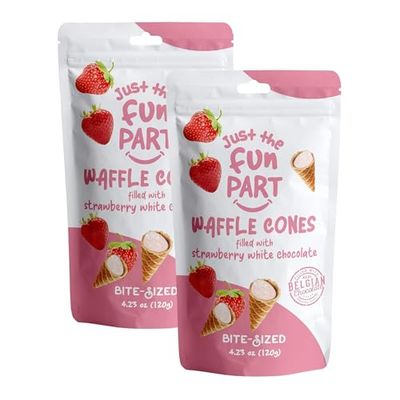 Just The Fun Part | Bite-Size Crispy Mini Waffle Cones | Filled With Premium Belgian Chocolate | Great For Snacks, Desserts, Grab &amp; Go | Kosher | 4.23 Ounce (Pack of 2, Strawberry, White Chocolate)