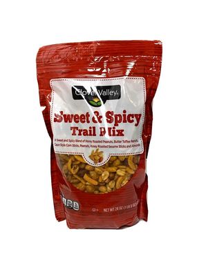 Clover Valley Sweet &amp; Spicy Jumbo Trail Mix - 1 Re-Sealable Bag 24 oz- Honey Roasted Peanuts, Butter Toffee Nuts, Cajun Spiced Corn Sticks, Sesame Sticks, and Almonds - Healthy Travel Snack
