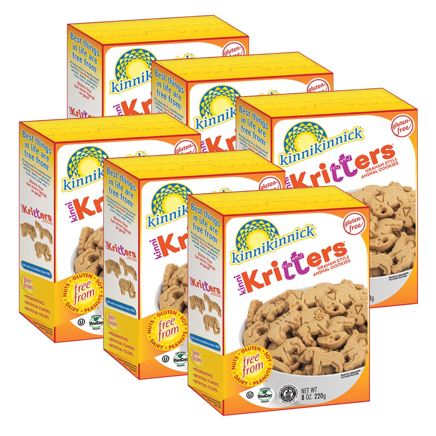 Kinnikinnick - KinniKritters Graham Style Animal Cookies - Gluten Free, Allergy Friendly Vegan Animal Crackers - 8 oz. Boxes - 6 Pack
