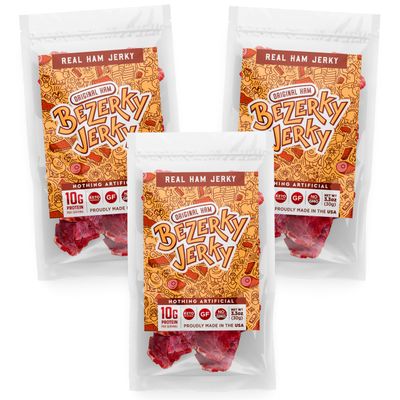 All Natural Jerky | Old Recipe Ham | Small Batch Handcrafted | Keto Food | High Protein Snacks | Made in the USA | Gluten-Free | Non-GMO | Low Carbs | Bezerky Jerky | 3.3 Oz (Pack of 3)