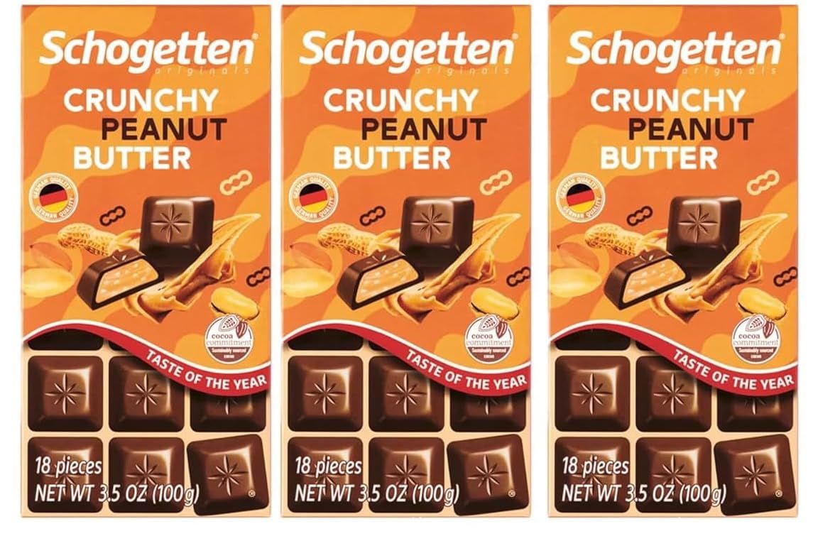 Crunchy Peanut Butter Fine German European Milk Chocolate Filled Bars, 3.5 oz by Schogetten - Gift Giving Snack Treat for Friends Family Thanksgiving Gathering (SimplyComplete 3 Pack)