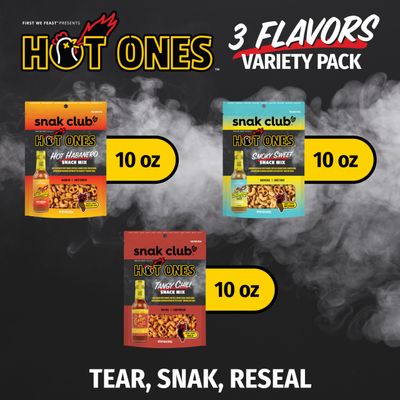 Snak Club x Hot Ones Snack Mix, Hot Habanero, Sweet Smoky, and Tangy Chili, Spicy Snacks with Peanuts, Pretzels, Sesame Sticks, Toasted Corn, Cashews, Vegan Snack, 10 oz Resealable Bags, 3 Pack