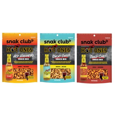 Snak Club x Hot Ones Snack Mix, Hot Habanero, Sweet Smoky, and Tangy Chili, Spicy Snacks with Peanuts, Pretzels, Sesame Sticks, Toasted Corn, Cashews, Vegan Snack, 10 oz Resealable Bags, 3 Pack