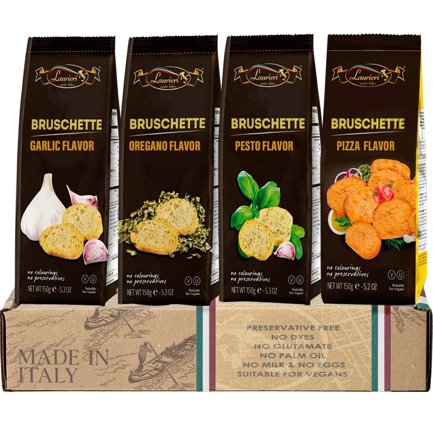 Cracker Gift Basket - Bruschette Toast Crackers - Variety Pack of 4 - Crostini Toasts - Assorted Flavors Garlic, Oregano, Pesto, Pizza - Vegan