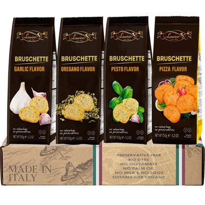 Cracker Gift Basket - Bruschette Toast Crackers - Variety Pack of 4 - Crostini Toasts - Assorted Flavors Garlic, Oregano, Pesto, Pizza - Vegan