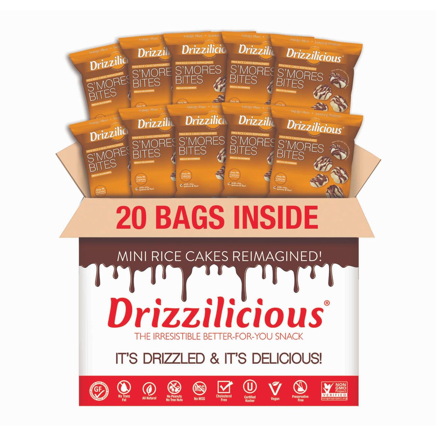 Drizzilicious Mini Rice Cakes S&#39;mores - Rice Crisps, Healthy Snack for Adults and Kids, Flavored Rice Cakes, Vegan, Gluten Free, Allergen Free, Only 90 Calories Per Bag - 0.74 oz (Pack of 20)